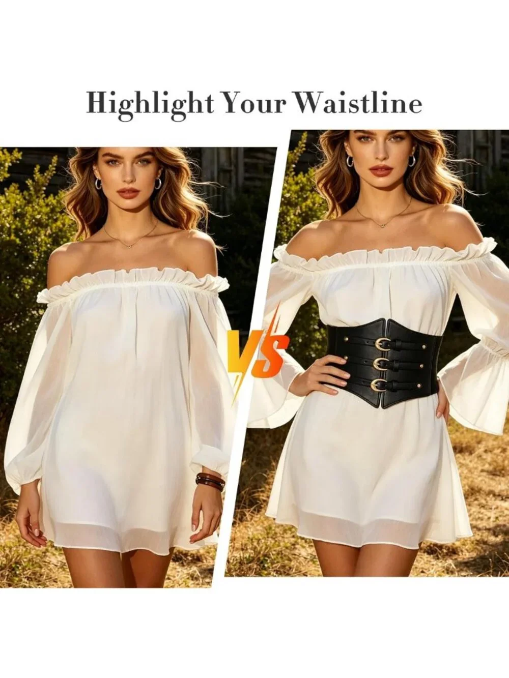 Wide Elastic Corset Belt for Women | Underbust PU Leather Waist Belt with Gold